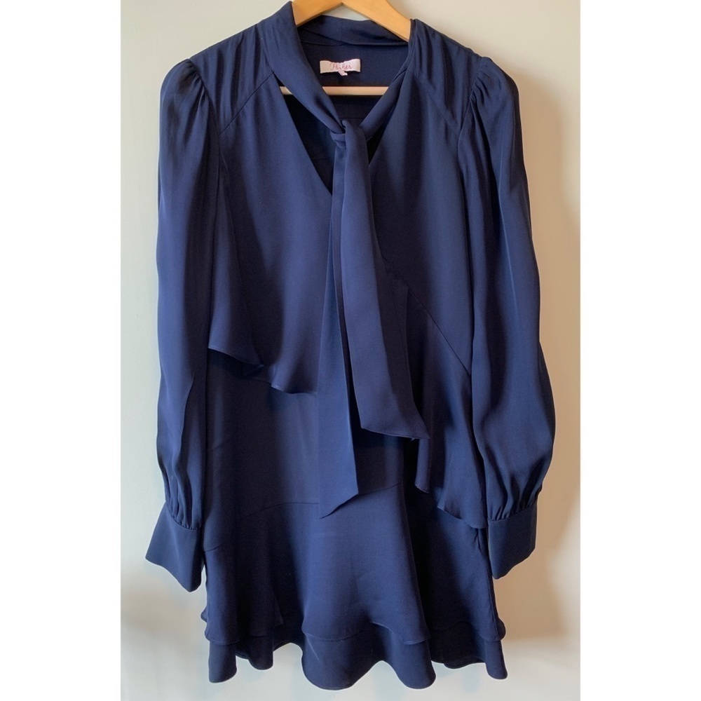 Parker Navy Kenji  Silk mix Ruffle V-neck Long Sleeves Dress Size XS